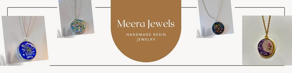 Image featuring ‘Handmade Meera Resin Jewelry’ headline with handcrafted resin jewelry pieces